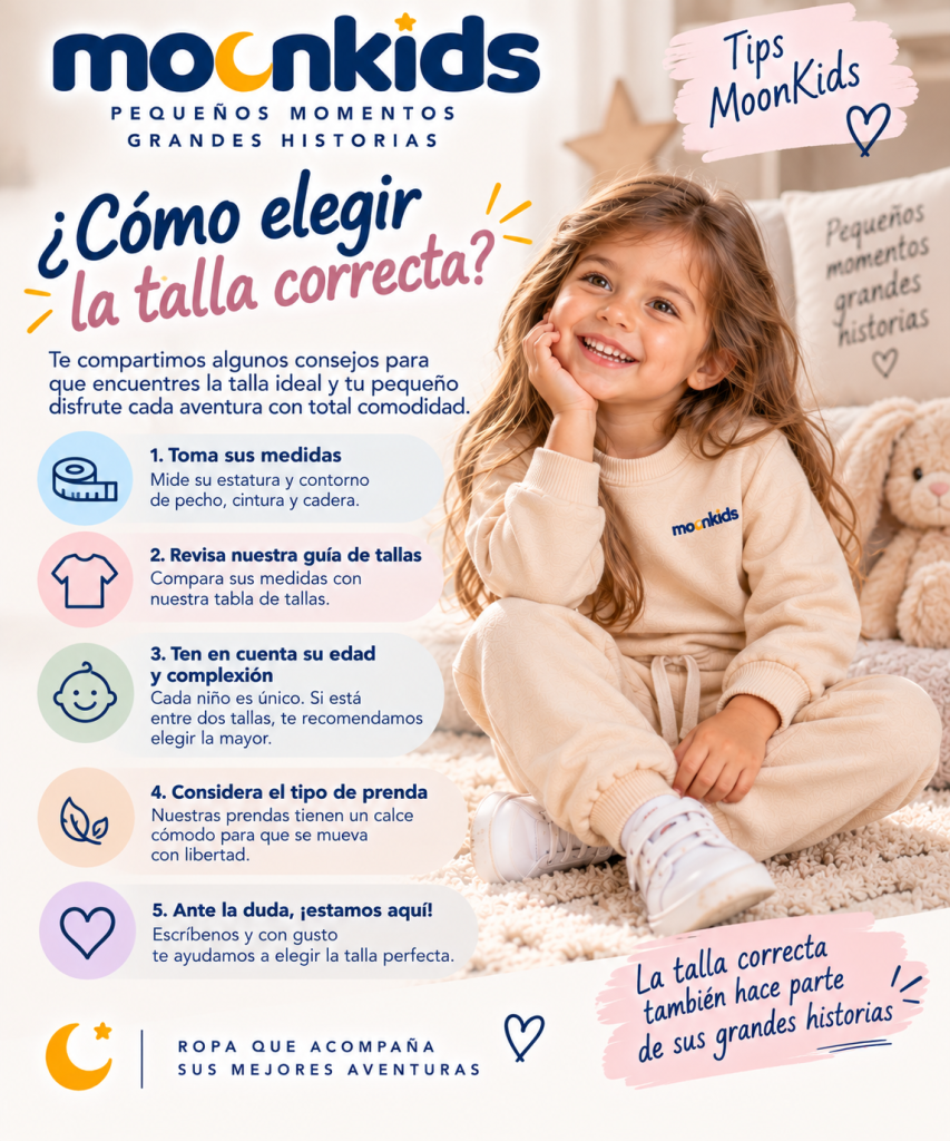 Tips MoonKids para elegir la talla correcta de ropa infantil, con guía de medidas y consejos para encontrar la talla ideal para bebés y niños.