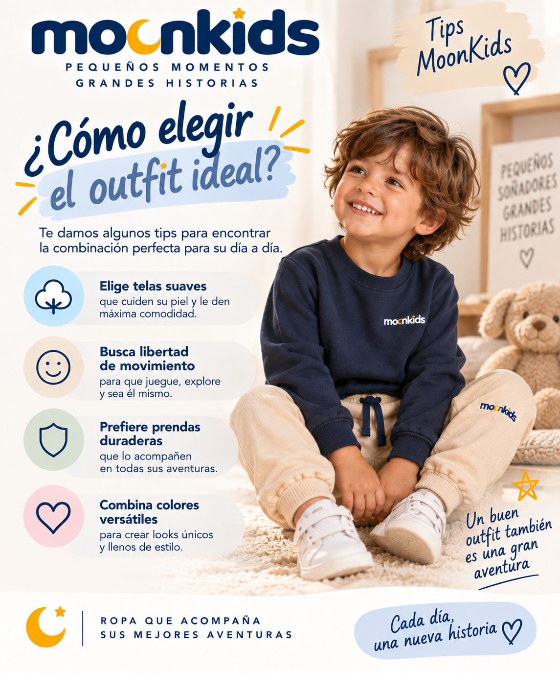 Outfits cómodos MoonKids para bebés y niños, con prendas suaves y versátiles en colores beige y azul oscuro, ideales para acompañar sus aventuras diarias.