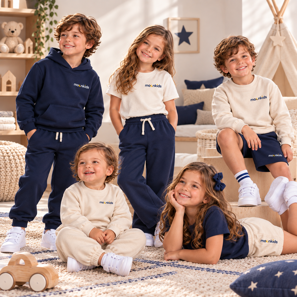 Pantaloneta infantil MoonKids confeccionada en algodón perchado, con bolsillos laterales, pretina elástica, cordón angosto y logo bordado.