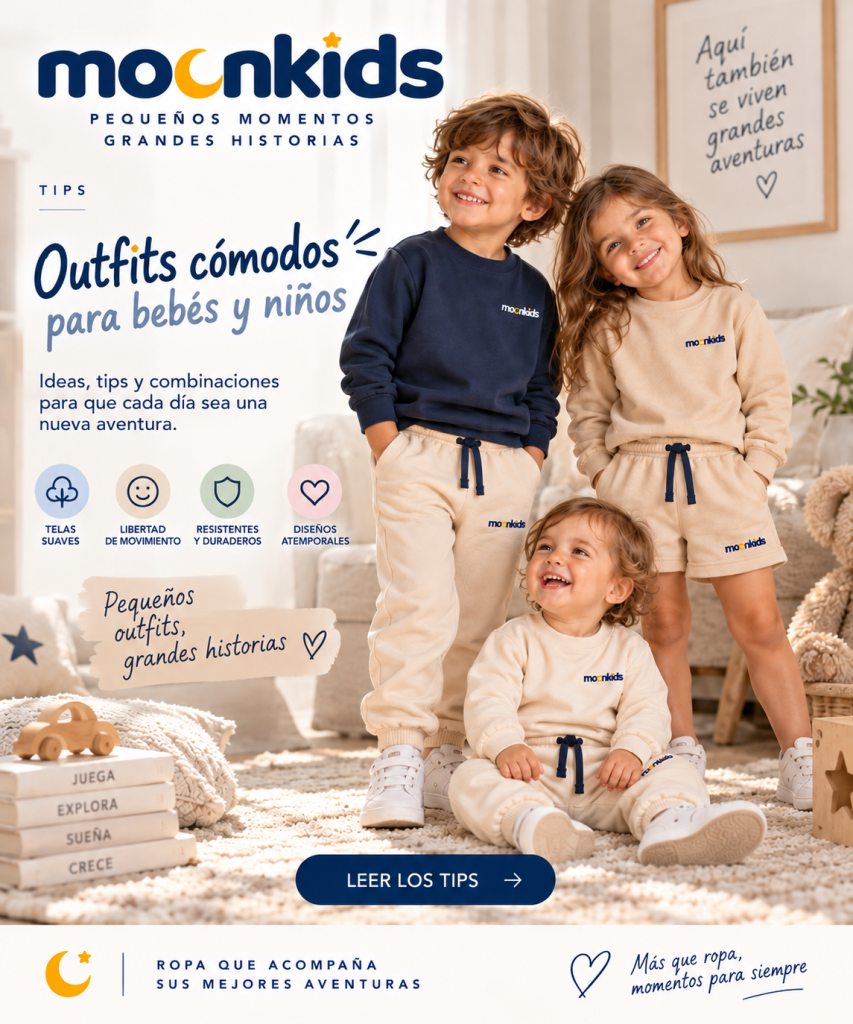 Outfits cómodos MoonKids para bebés y niños, con prendas suaves y versátiles en colores beige y azul oscuro, ideales para acompañar sus aventuras diarias.
