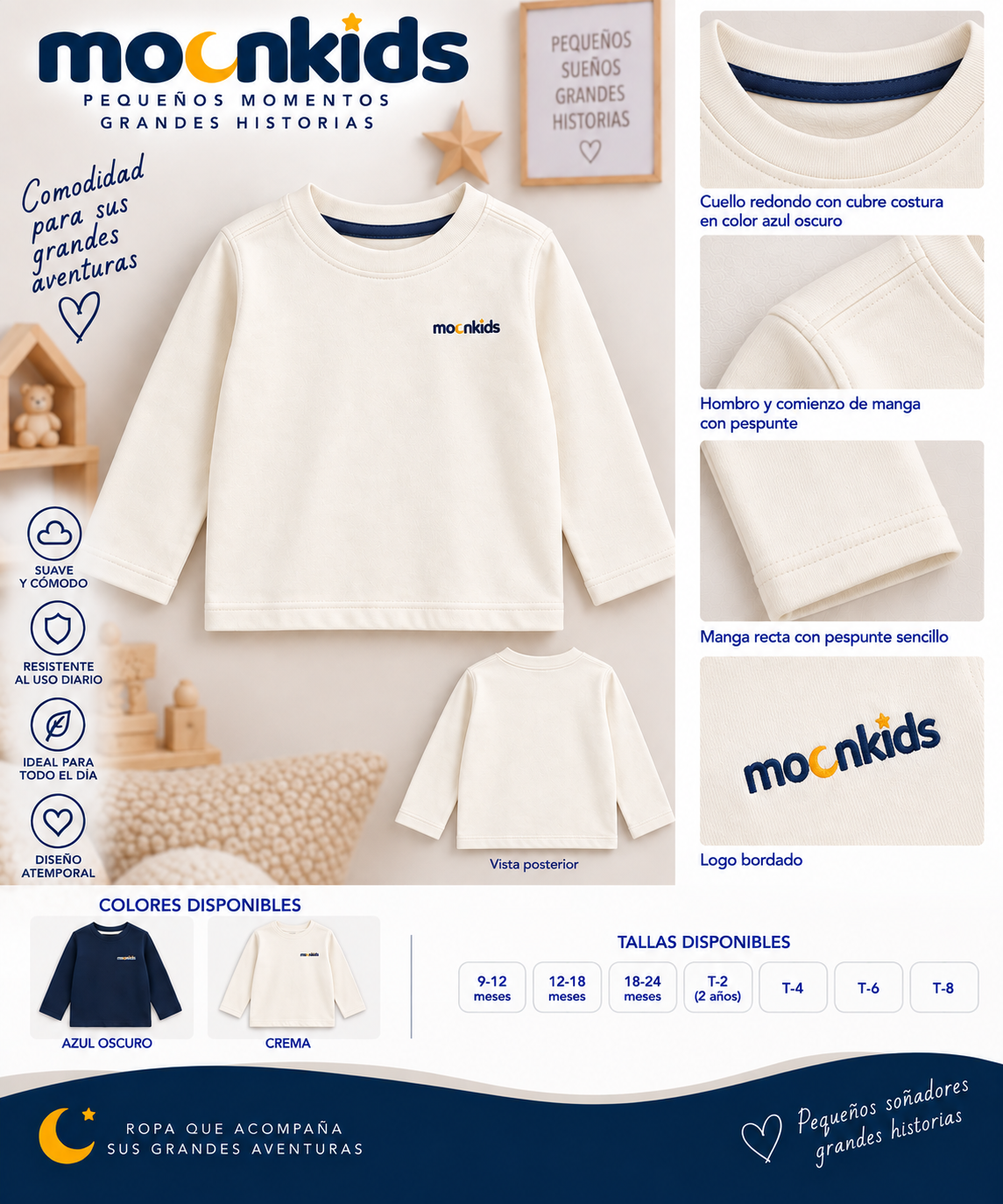 Buso Nova MoonKids en algodón perchado 65% algodón. Diseño de manga recta, puños y pretina sin rib, doble pespunte y logo bordado de alta calidad.