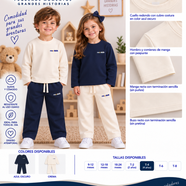 Buso Nova MoonKids en algodón perchado 65% algodón. Diseño de manga recta, puños y pretina sin rib, doble pespunte y logo bordado de alta calidad.