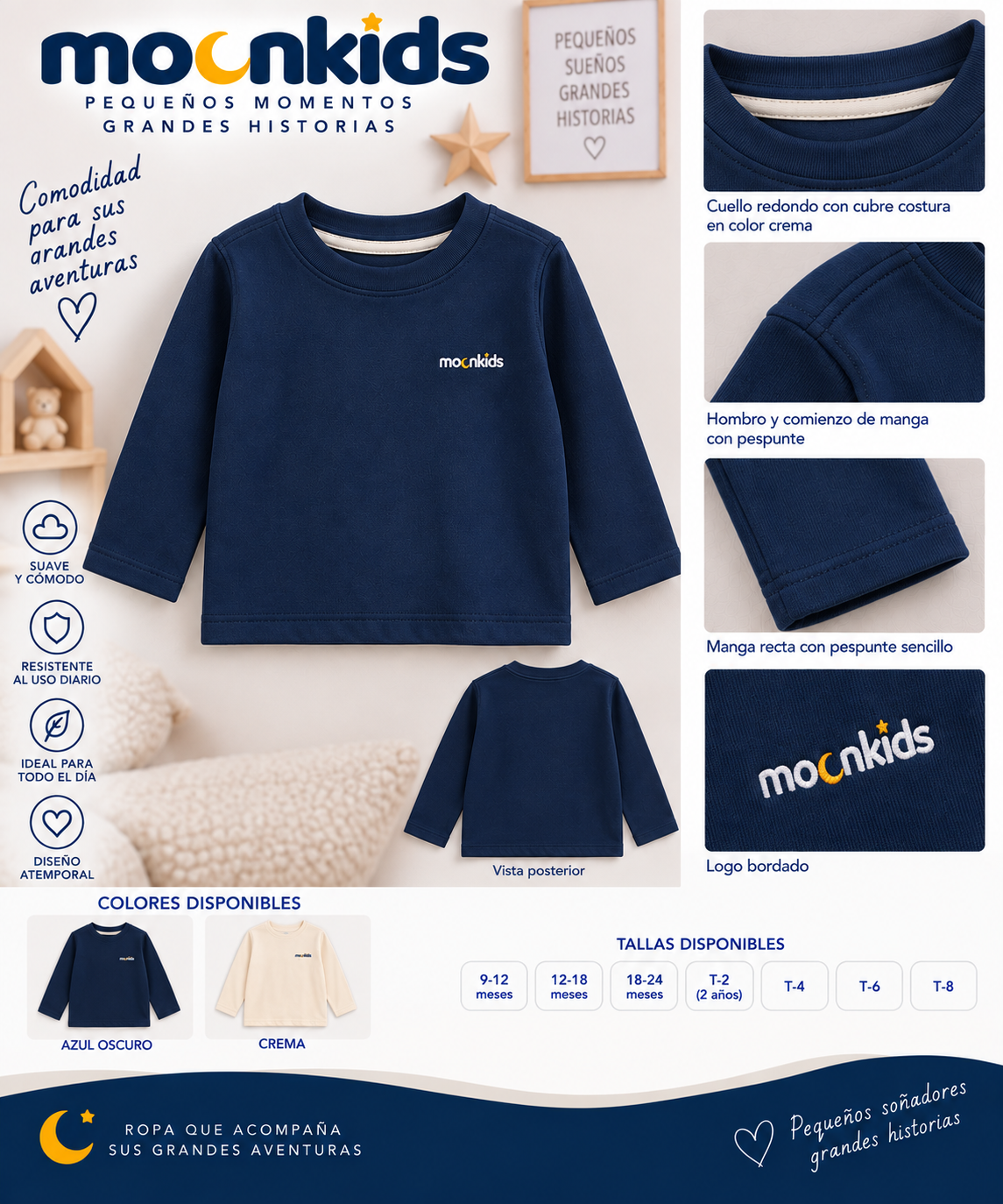 Buso Nova MoonKids en algodón perchado 65% algodón. Diseño de manga recta, puños y pretina sin rib, doble pespunte y logo bordado de alta calidad.