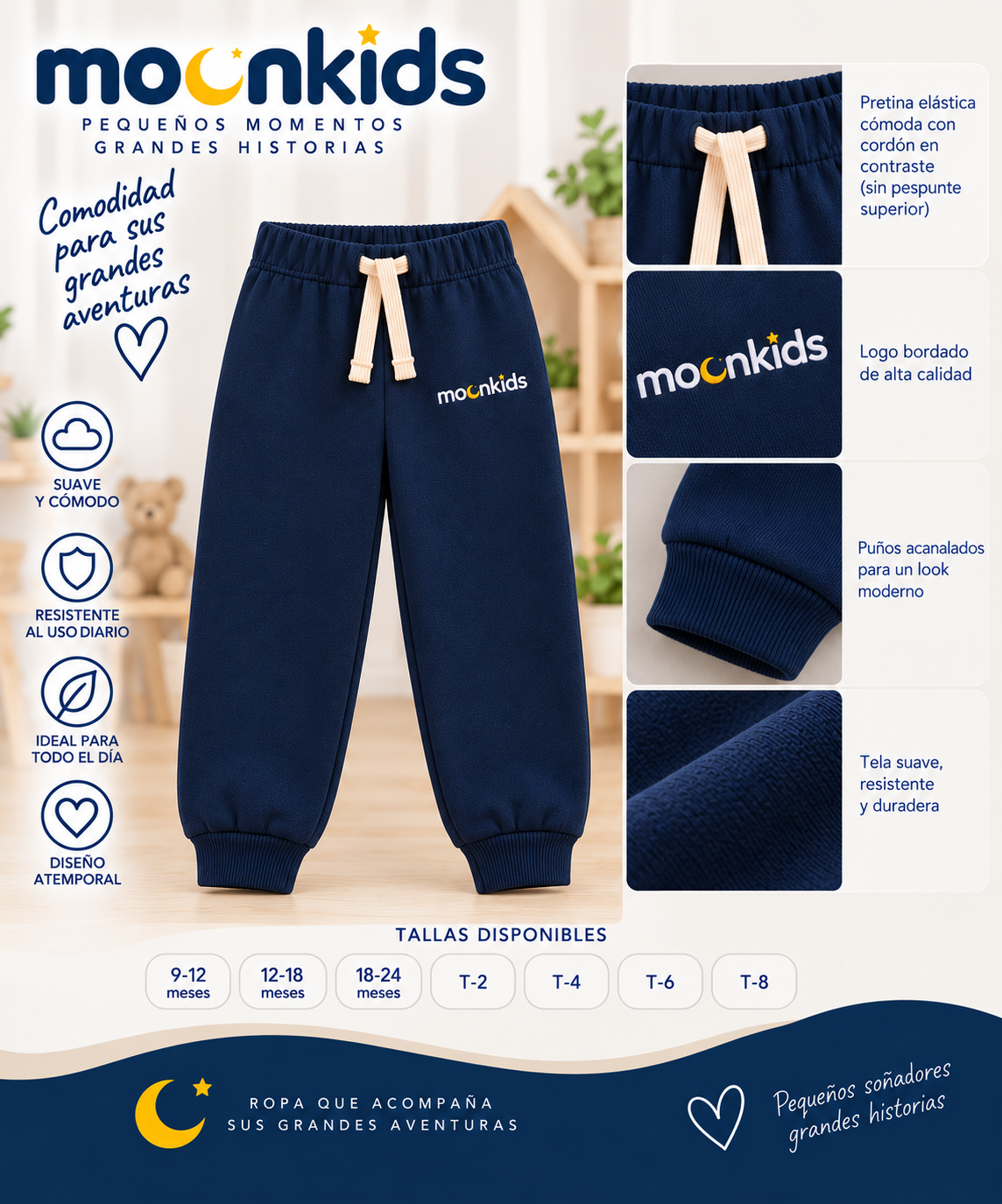 Jogger cosmos MoonKids para niños en algodón perchado color beige, sin bolsillos, con logo bordado