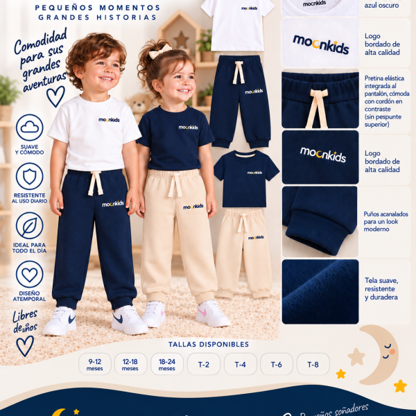 Jogger cosmos MoonKids para niños en algodón perchado color beige, sin bolsillos, con logo bordado