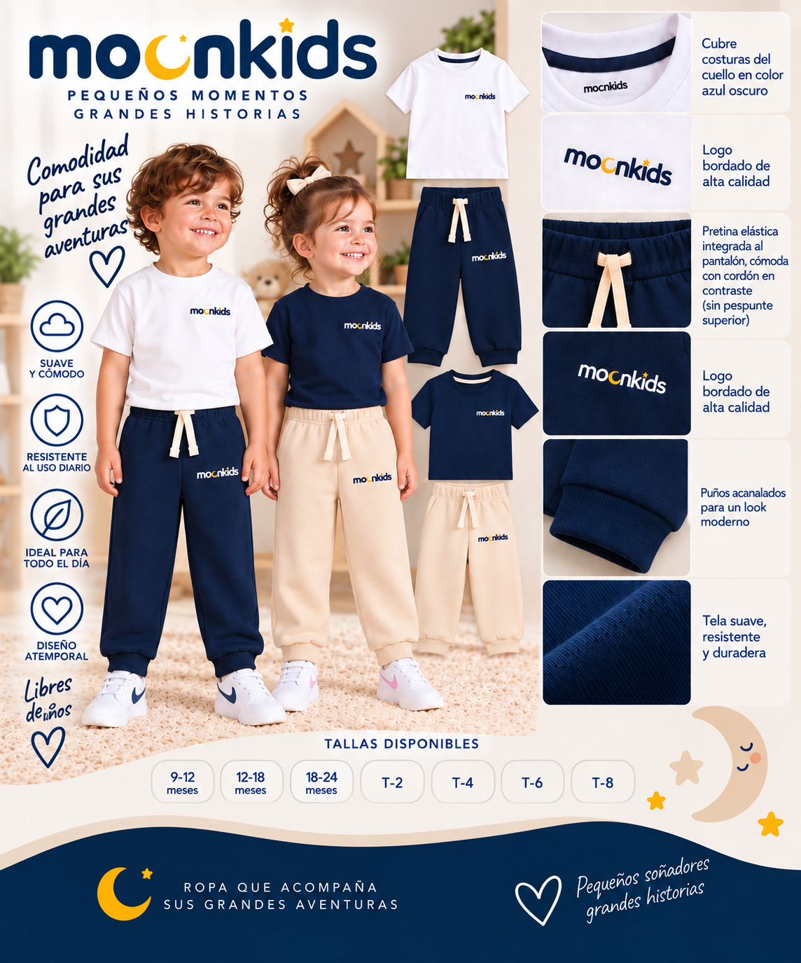 Jogger cosmos MoonKids para niños en algodón perchado color beige, sin bolsillos, con logo bordado