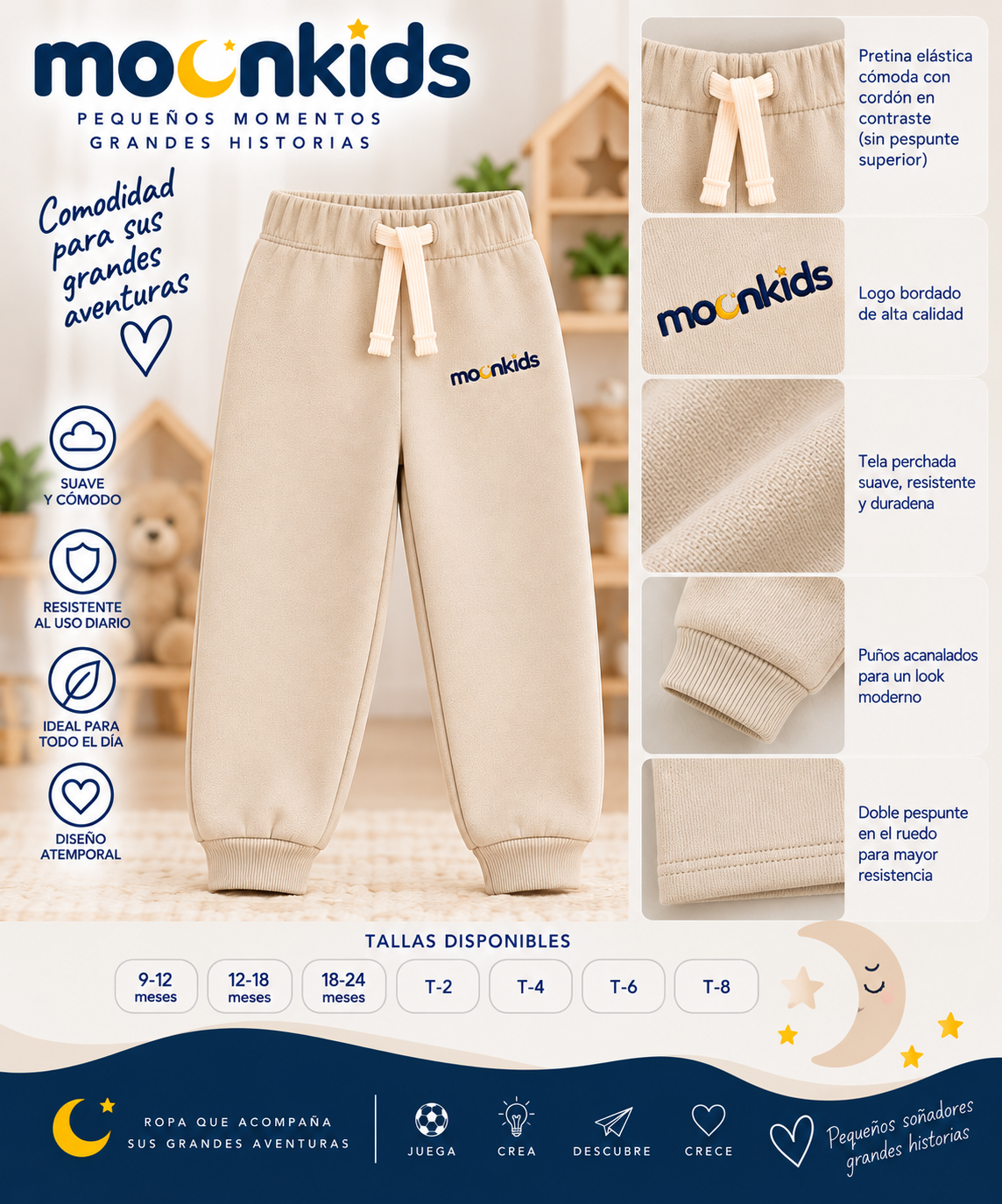 Jogger cosmos MoonKids para niños en algodón perchado color beige, sin bolsillos, con logo bordado