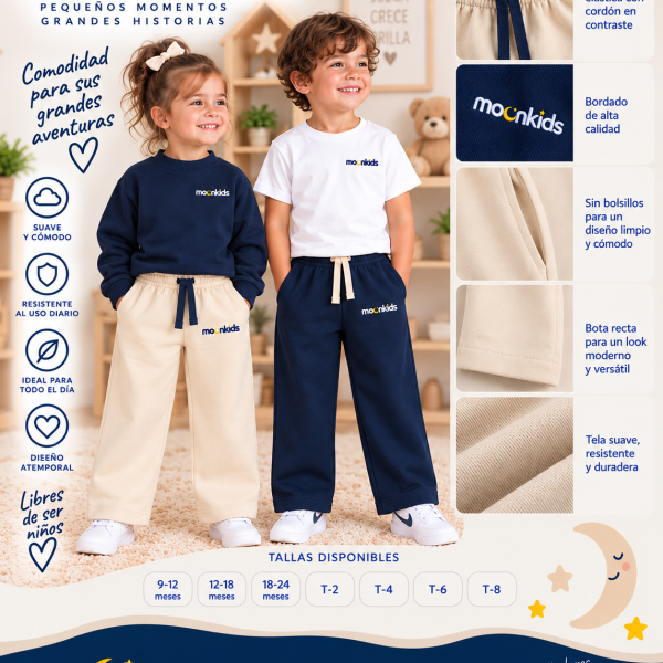 antalón infantil MoonKids en algodón perchado, con bota recta, bolsillos laterales, pretina elástica y logo bordado. Ideal para niños.