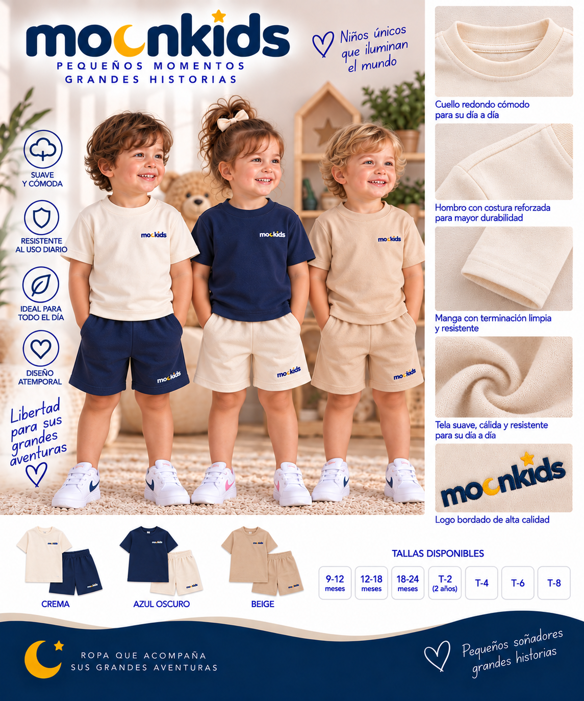 Pantaloneta Nube MoonKids en algodón perchado color crema para niños