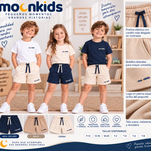 Pantaloneta infantil MoonKids confeccionada en algodón perchado, con bolsillos laterales, pretina elástica, cordón angosto y logo bordado.